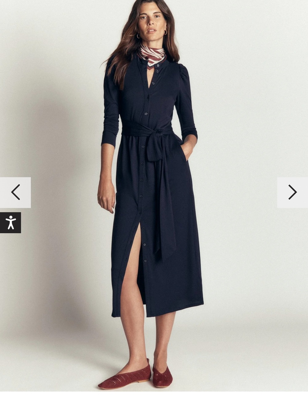 Boden Navy Button-Front Midi Dress with Waist Tie, Size 8 NWOT